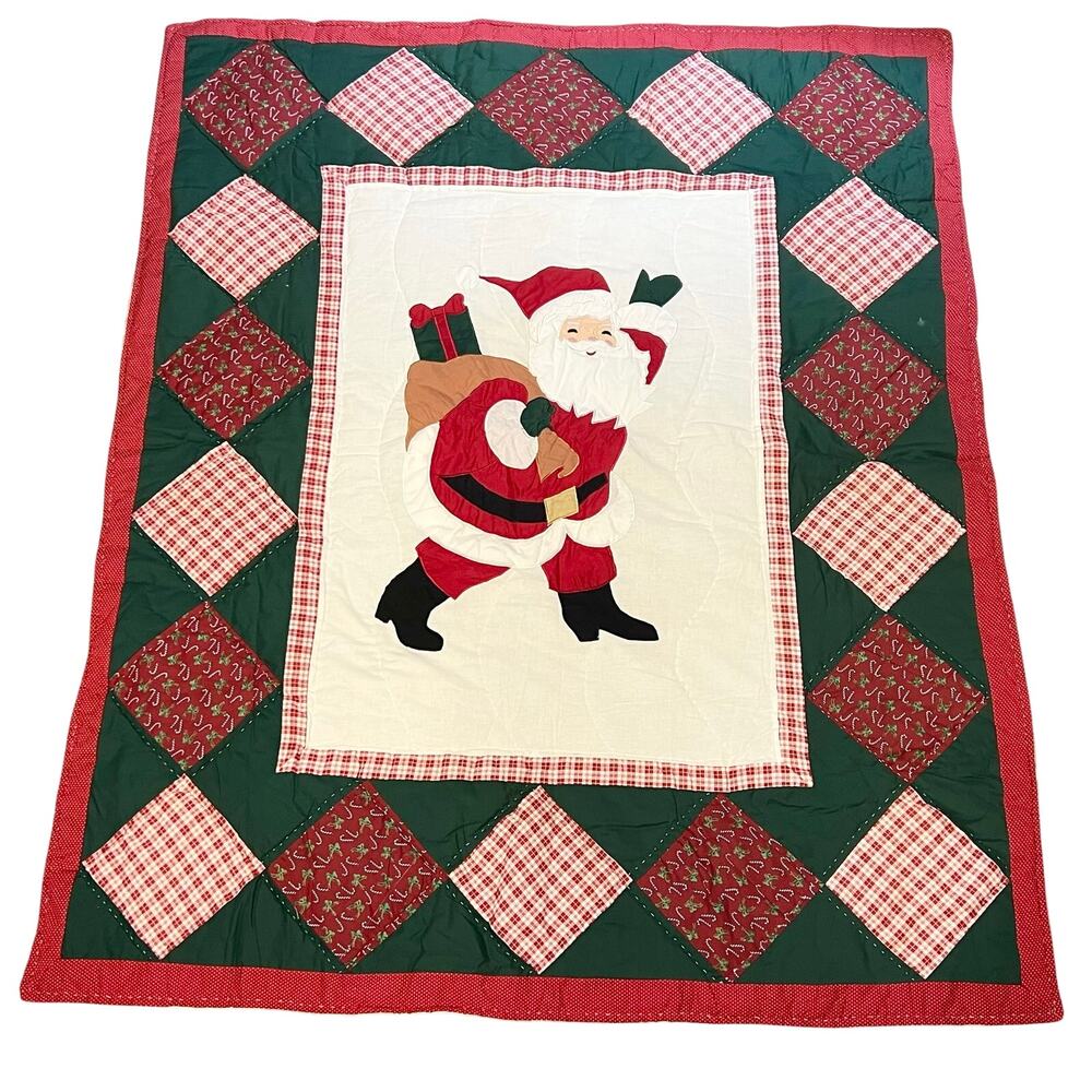 Vintage Sears Christmas Santa Patchwork Quilt Blanket 47x57 Plaid Green Red